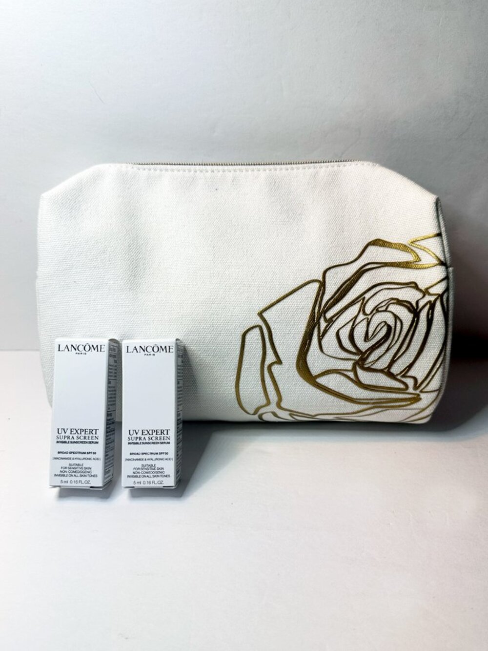 Lancôme Gold Rose Makeup Bag + 2 UV Expert SPF 50 Minis NWT